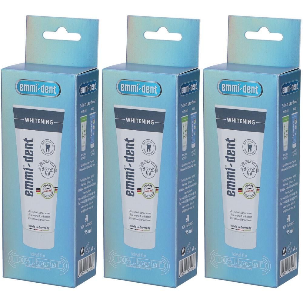 Trois paquets de dentifrice blanchissant Emmi-Dent, 75 ml chacun.