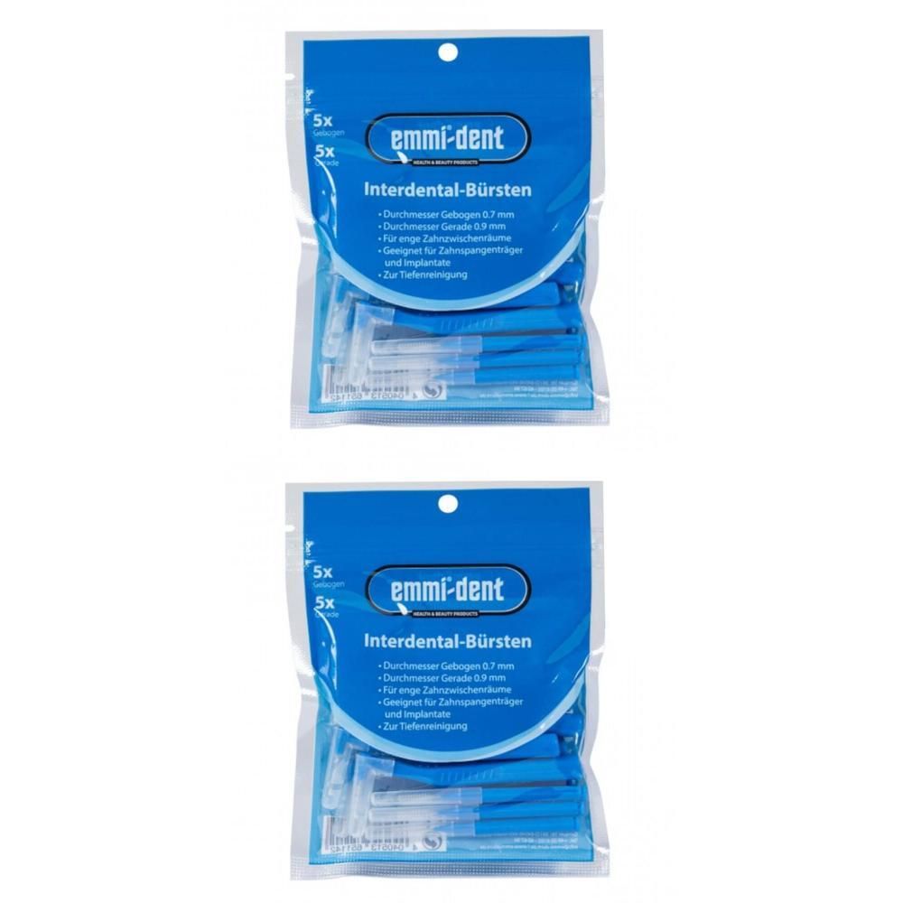 Twee pakken van 5 Emmi-dent interdentale borstels. Borstelkop 0,7 mm. Blauwe handvatten.