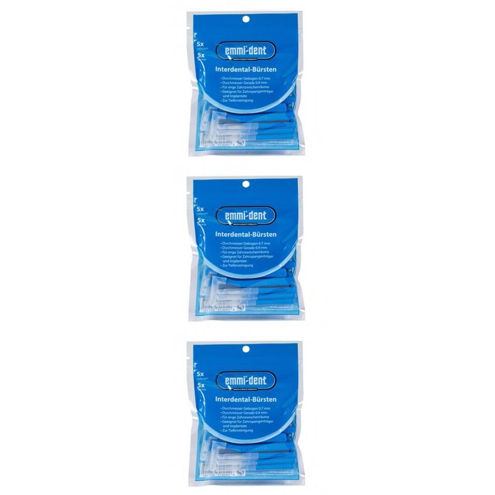 Trois paquets de brosses interdentaires Emmi-Dent. Chaque paquet contient 5 brosses avec manches bleus et poils transparents.