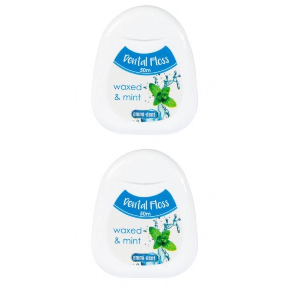 Twee pakjes tandzijde, gewaxt en munt, 50m.