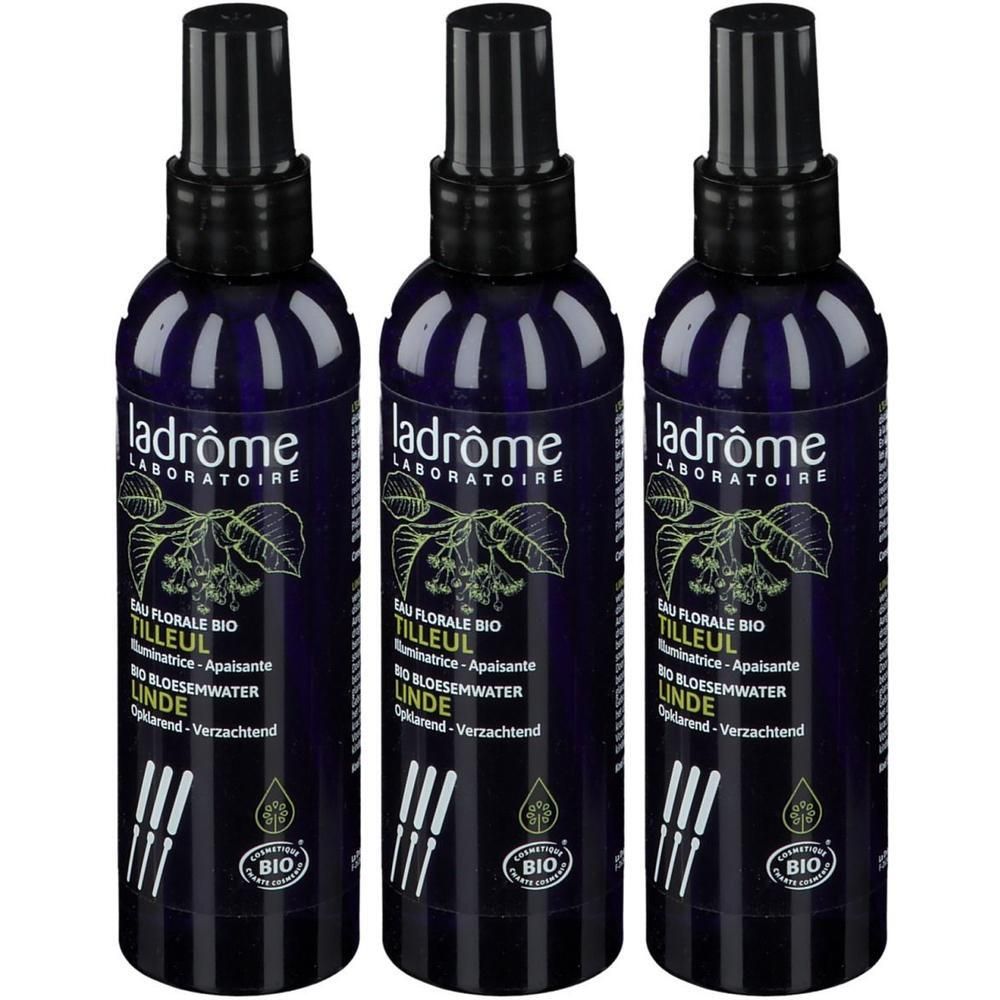Drie flessen Ladrôme Eau Florale Tilleul Bio met sproeikop.