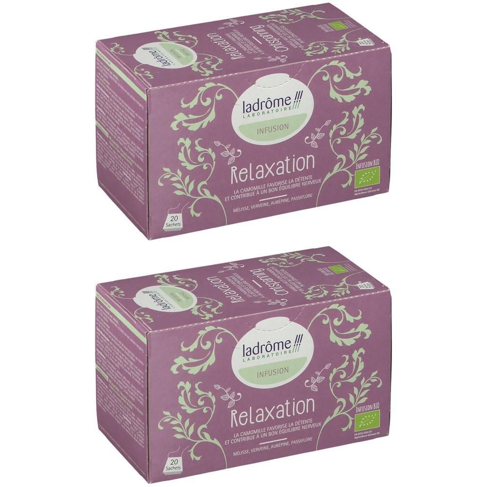 Twee dozen Ladrôme Infusion Relaxation kruidenthee, elk 20 zakjes. Paarse verpakking met bloemenpatroon.