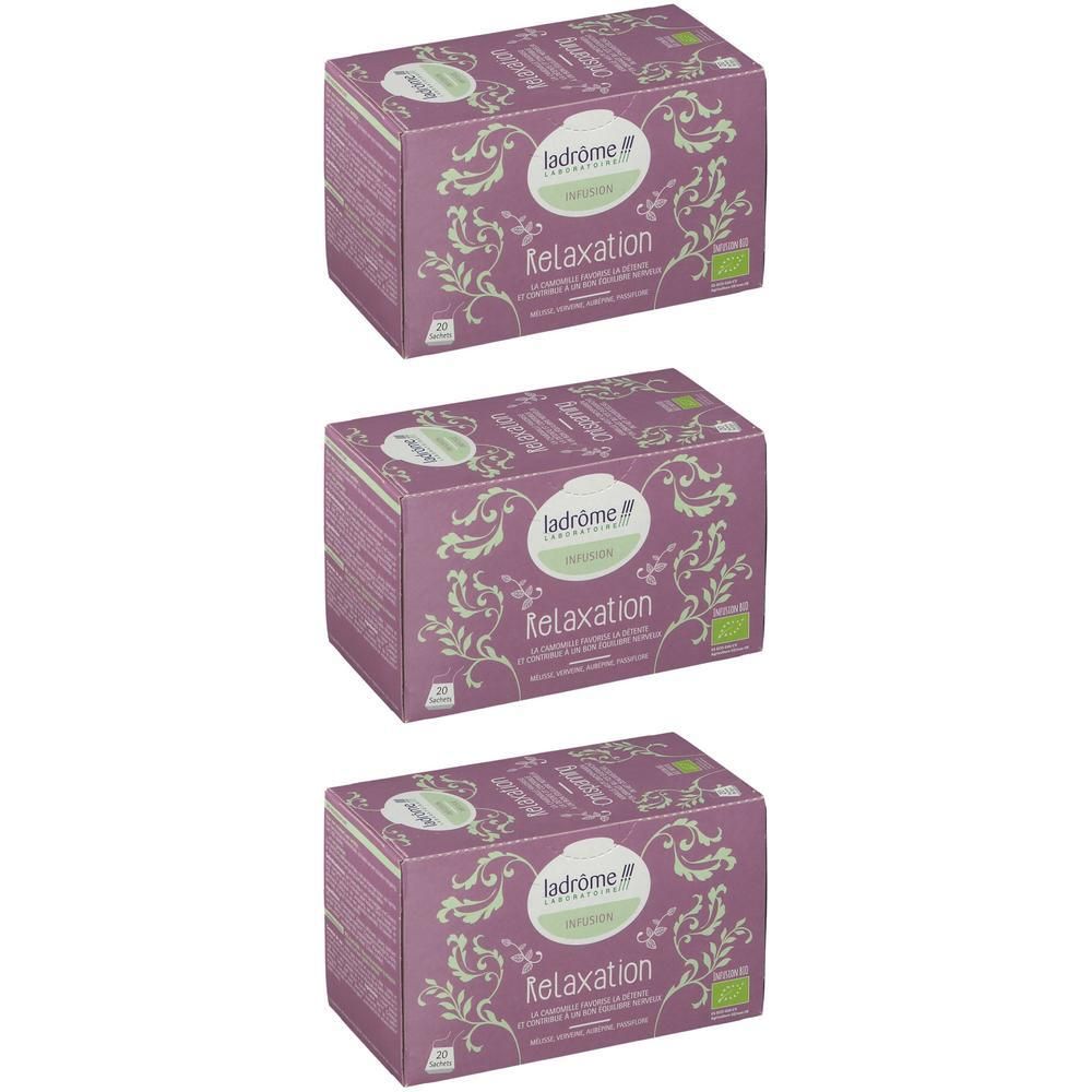 Drie doosjes Ladrôme Infusion Relaxation met paars patroon en bloemenaccenten.