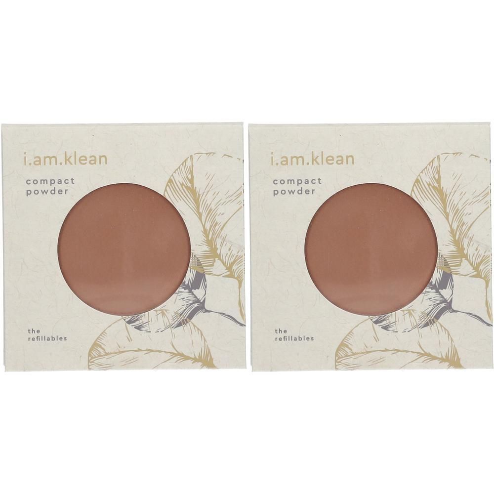 Deux paquets de poudre compacte i.am.klean Dark. L'emballage présente un motif de feuilles.