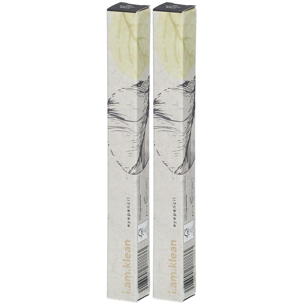 Deux Eye Pencil i.am.klean "The Blackest Black" en emballage cartonné avec motif botanique.