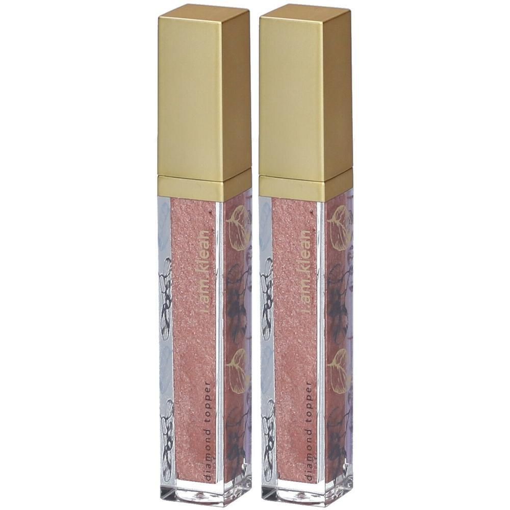 Deux flacons de top coat scintillant rose avec capuchons dorés.