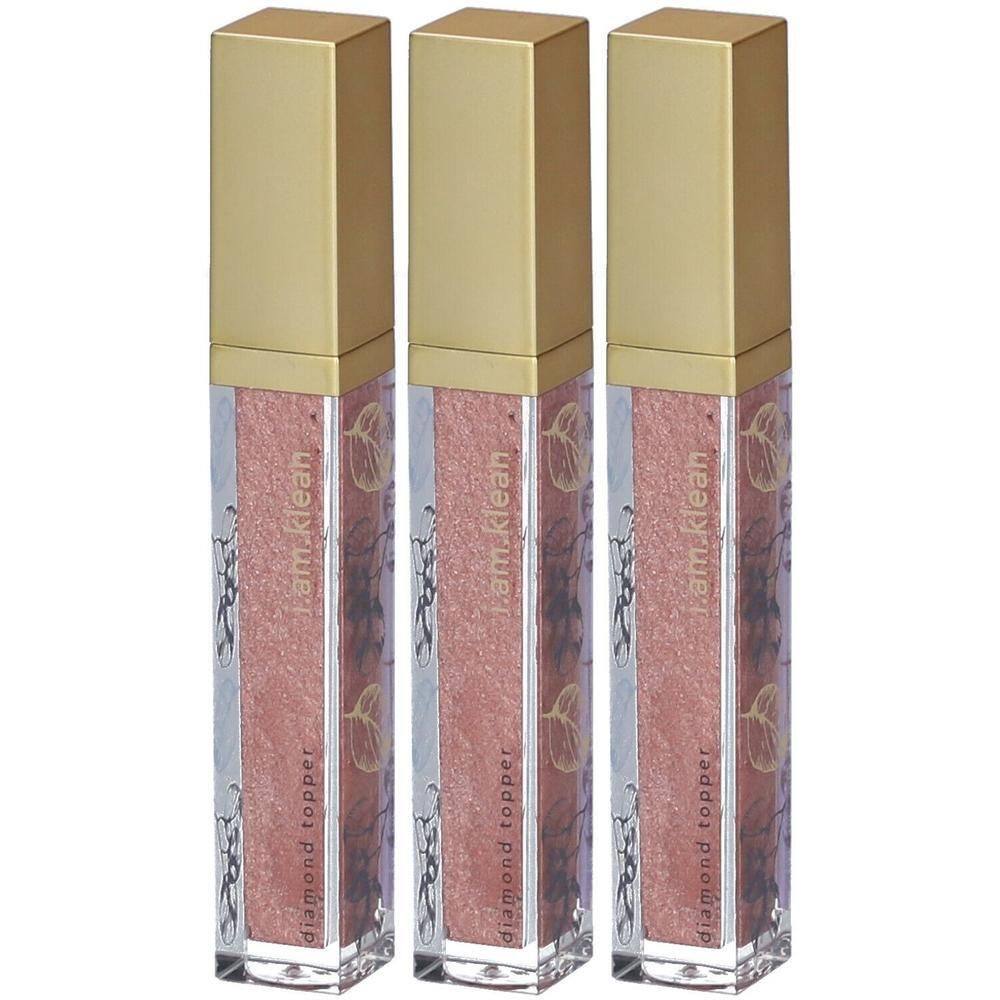 Drie flacons i.am.klean Diamond Topper Pink Stardust. Transparante flesjes met bladmotief.