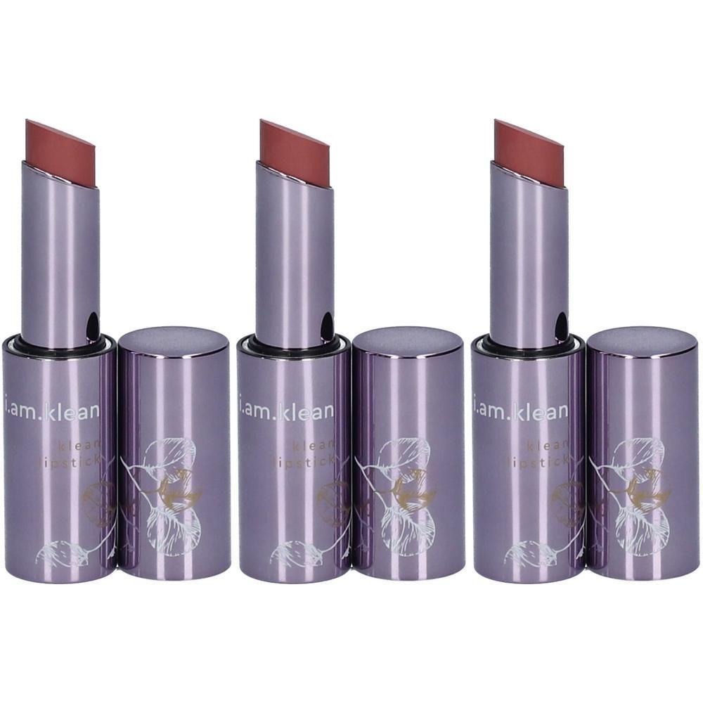 Drie i.am.klean lippenstiften in een metaalpaarse huls met schuin afgesneden applicator.