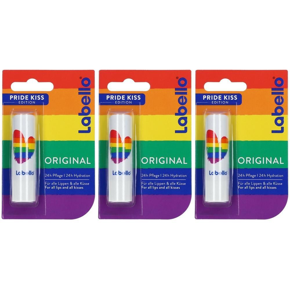 Drie Labello Original Pride Kiss Edition lippenbalsems in dubbelverpakking met regenboogdesign.
