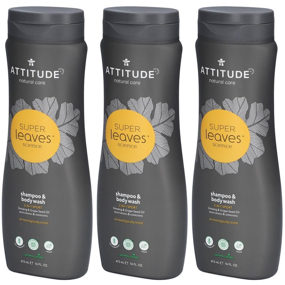Trois bouteilles foncées de Attitude Super Leaves Shampooing & Gel Douche 2-en-1.