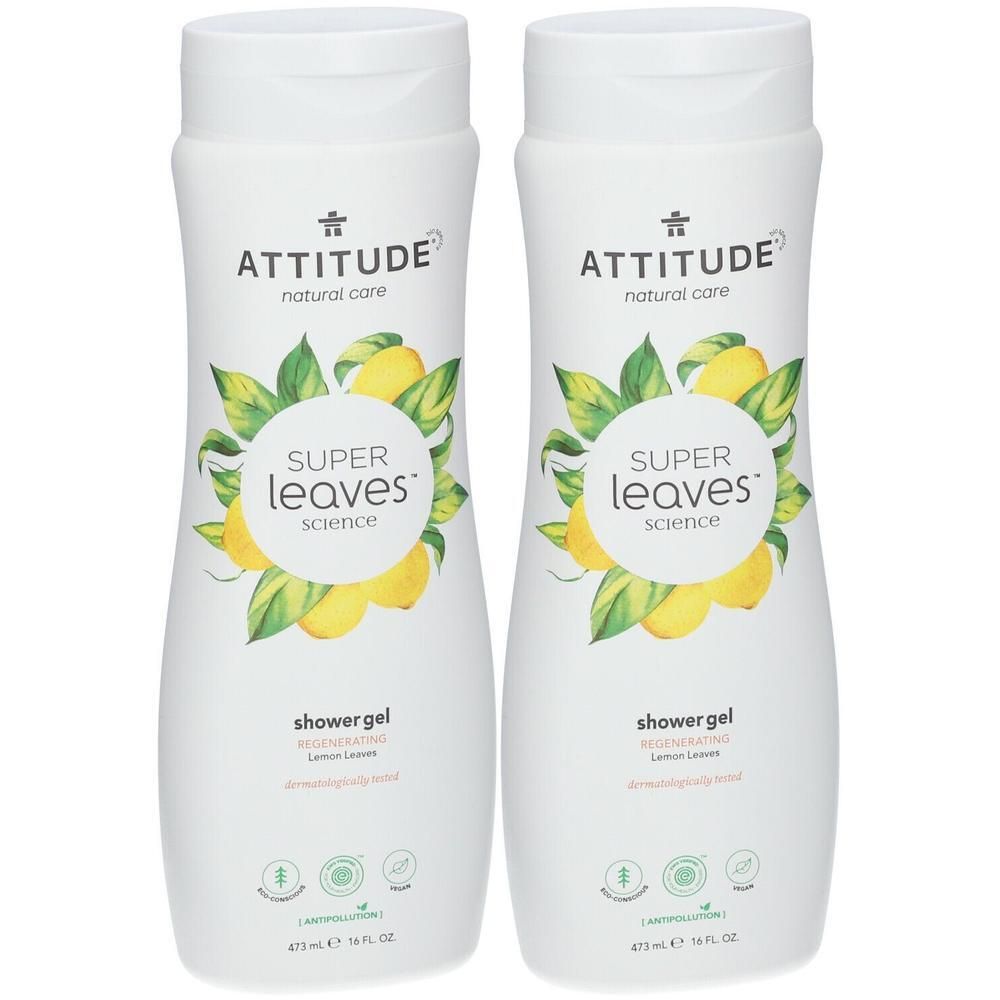 Deux flacons blancs de gel douche Attitude Super Leaves avec motif citron.
