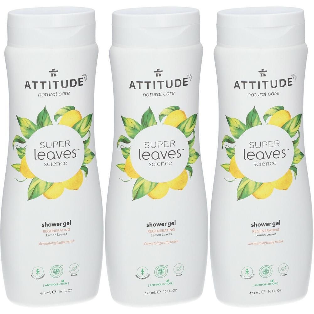 Trois bouteilles blanches de gel douche Attitude Super Leaves avec motif citron.