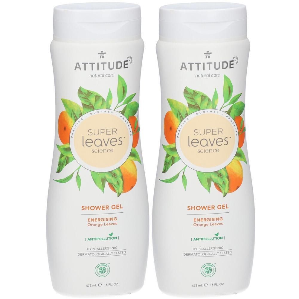 Twee flessen Attitude douchegel Super Leaves Energising Orange met sinaasappelafbeelding.