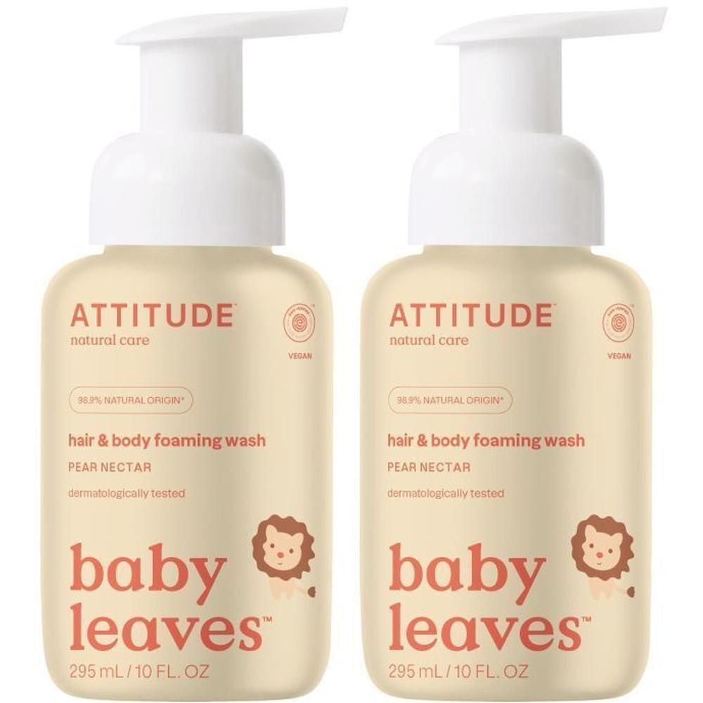 Deux bouteilles de Attitude Baby Leaves Nettoyant Mousse Cheveux & Corps, Poire Nectar.