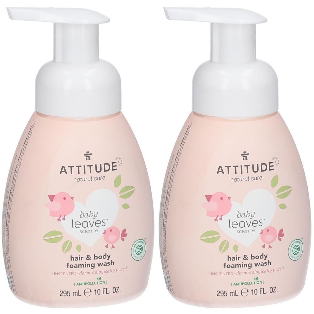 Deux flacons de nettoyant moussant 2-en-1 pour le corps et les cheveux ATTITUDE® Baby Leaves, 295 ml.