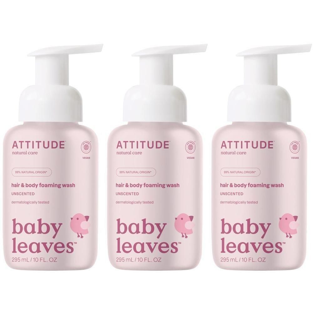 Trois flacons Attitude Baby Leaves Nettoyant Mousse Cheveux & Corps, sans parfum.