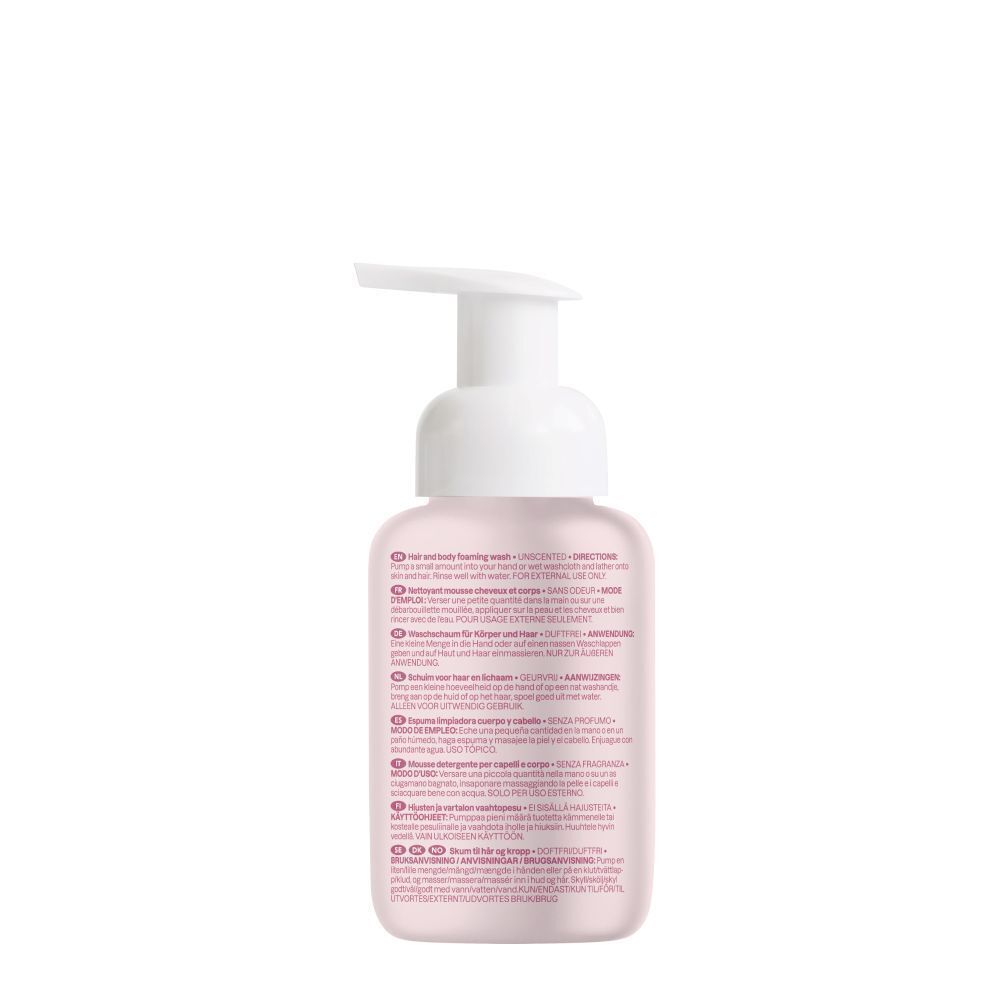 Achterkant van een fles Attitude Baby Leaves Haar & Lichaam Schuimreiniger, ongeparfumeerd.