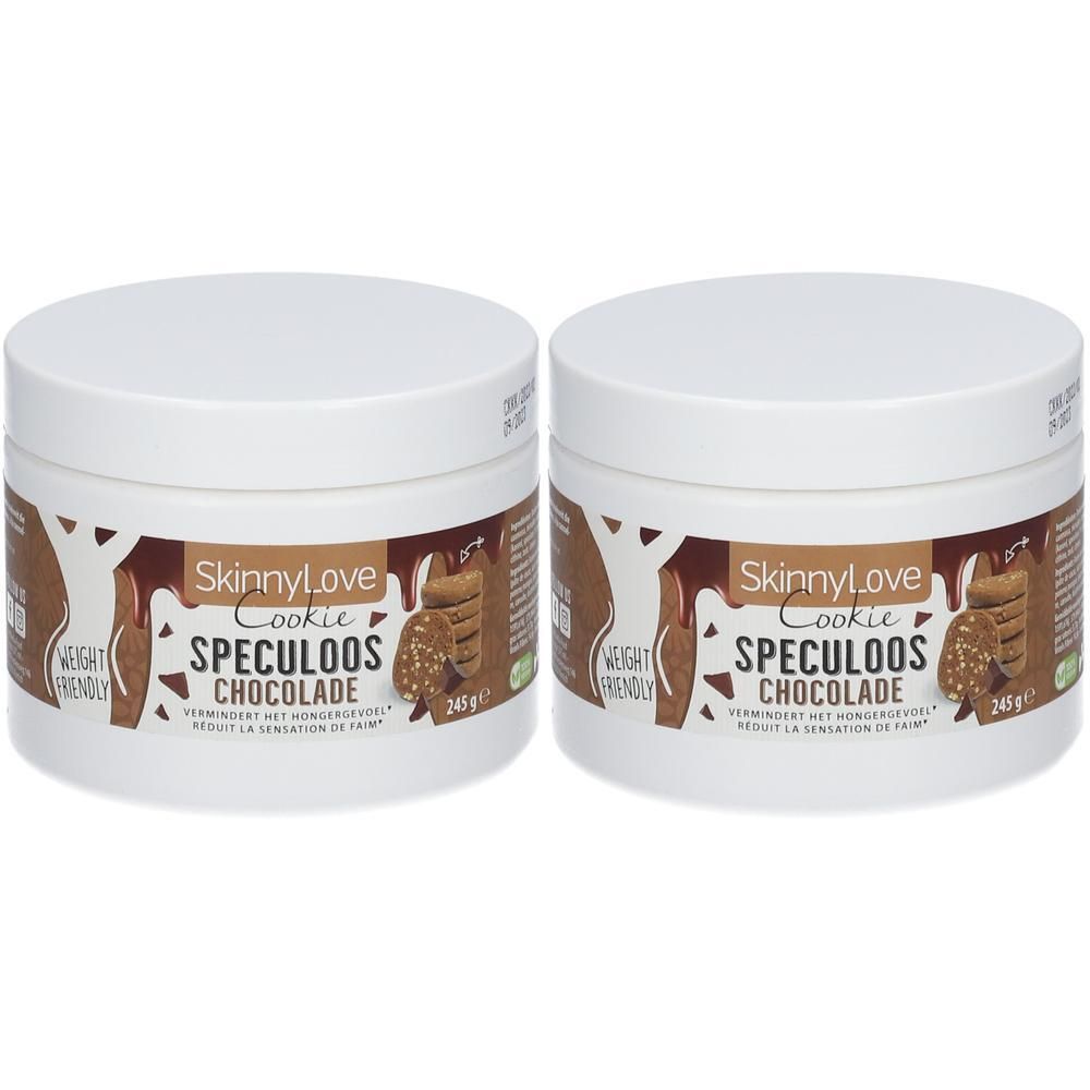 Twee potten SkinnyLove koekjes Speculoos Chocolade, 245g.