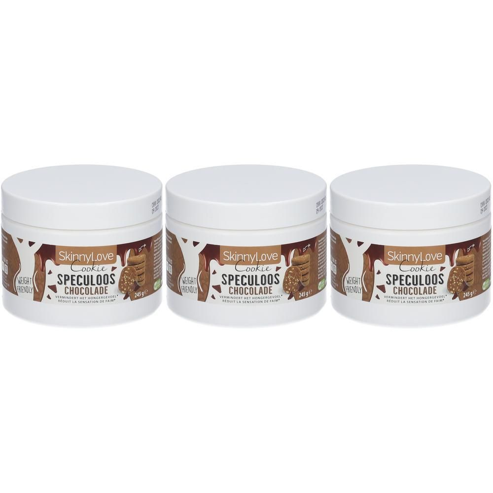 Trois pots blancs de biscuits SkinnyLove Spéculoos Chocolat. Chaque pot présente des biscuits et une sauce au chocolat.