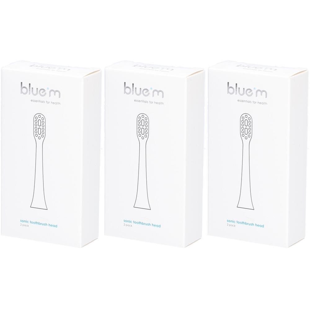 Trois boîtes de têtes de brosse à dents Sonic+ blue®m, chacune avec un dessin de la tête de brosse.