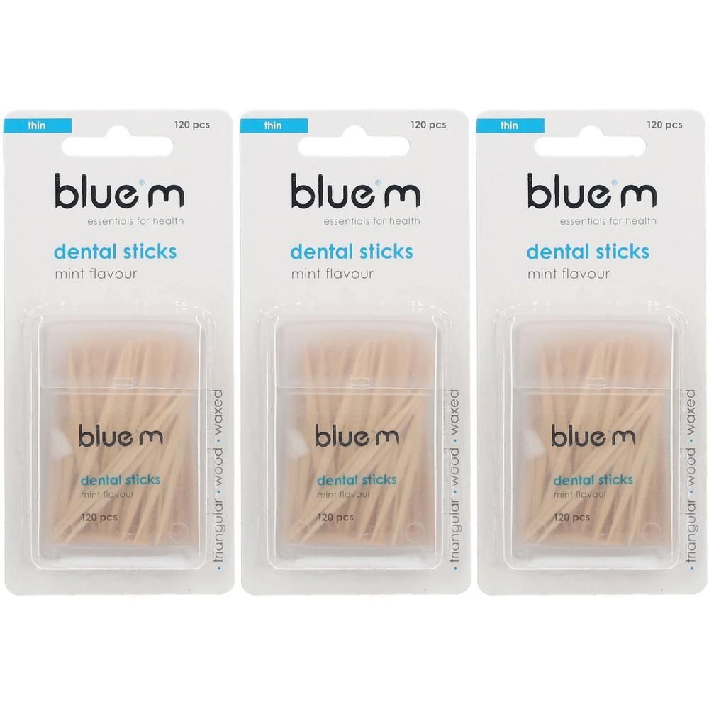 Drie pakken blue®m Dental Sticks mintsmaak, 120 stuks per pak.