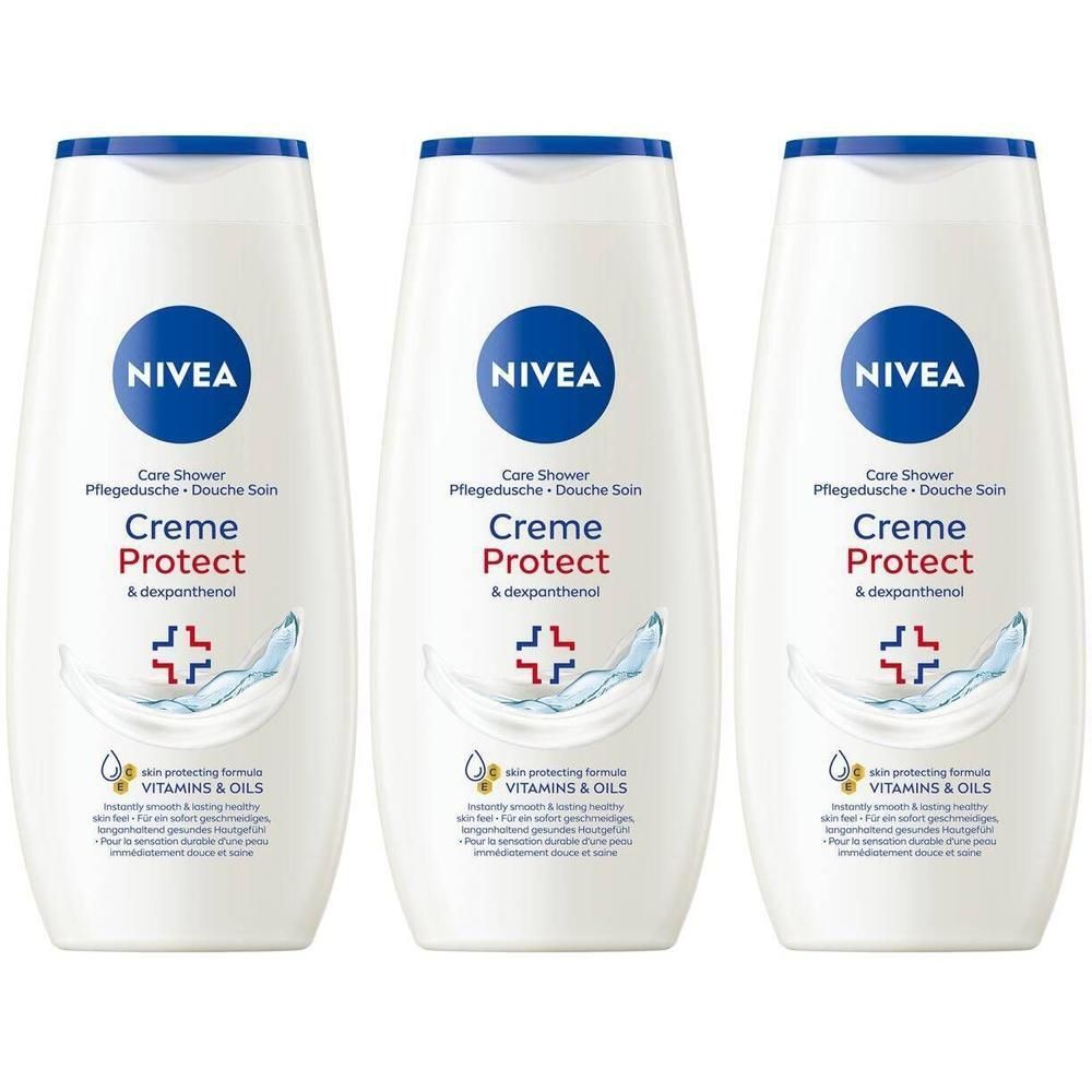 Trois bouteilles de gel douche Nivea Creme Protect avec bouchon bleu et étiquette blanche.