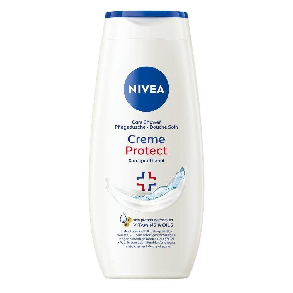 Flacon blanc de crème de douche Nivea avec bouchon bleu. "Creme Protect & dexpanthenol" est indiqué.