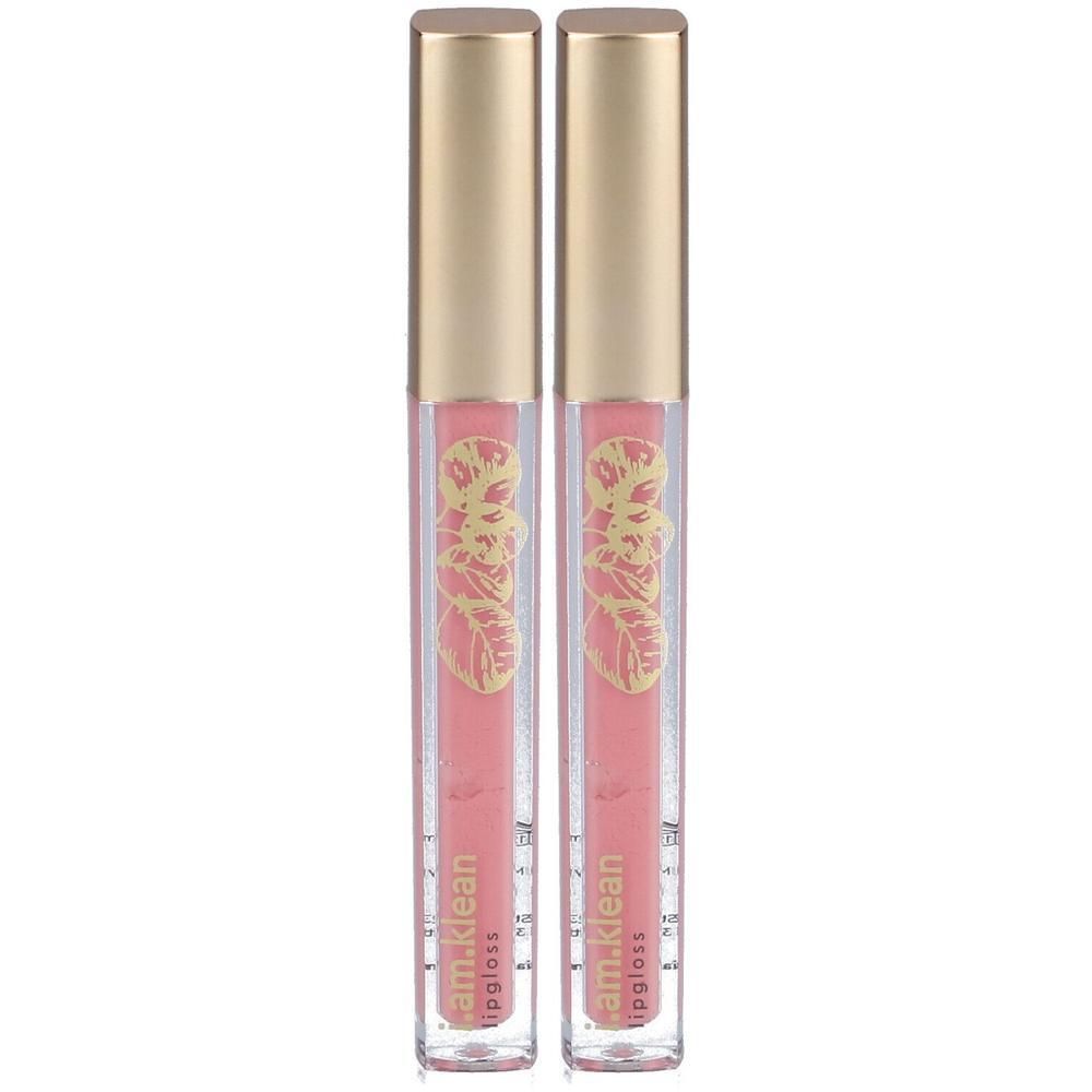 Twee i.am.klean lipglossen in roze met gouden doppen en bladerdecoratie.