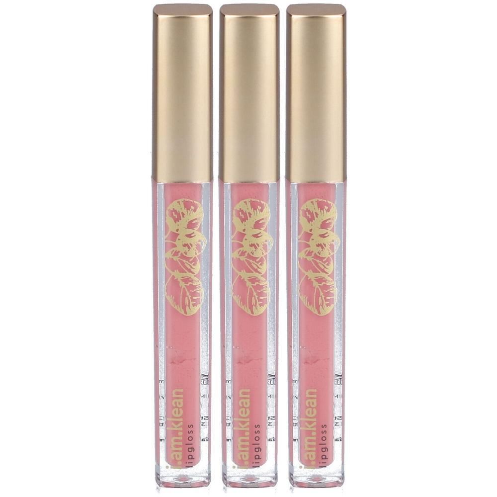 Trois applicateurs de gloss à lèvres roses avec capuchons dorés et décor de feuilles.