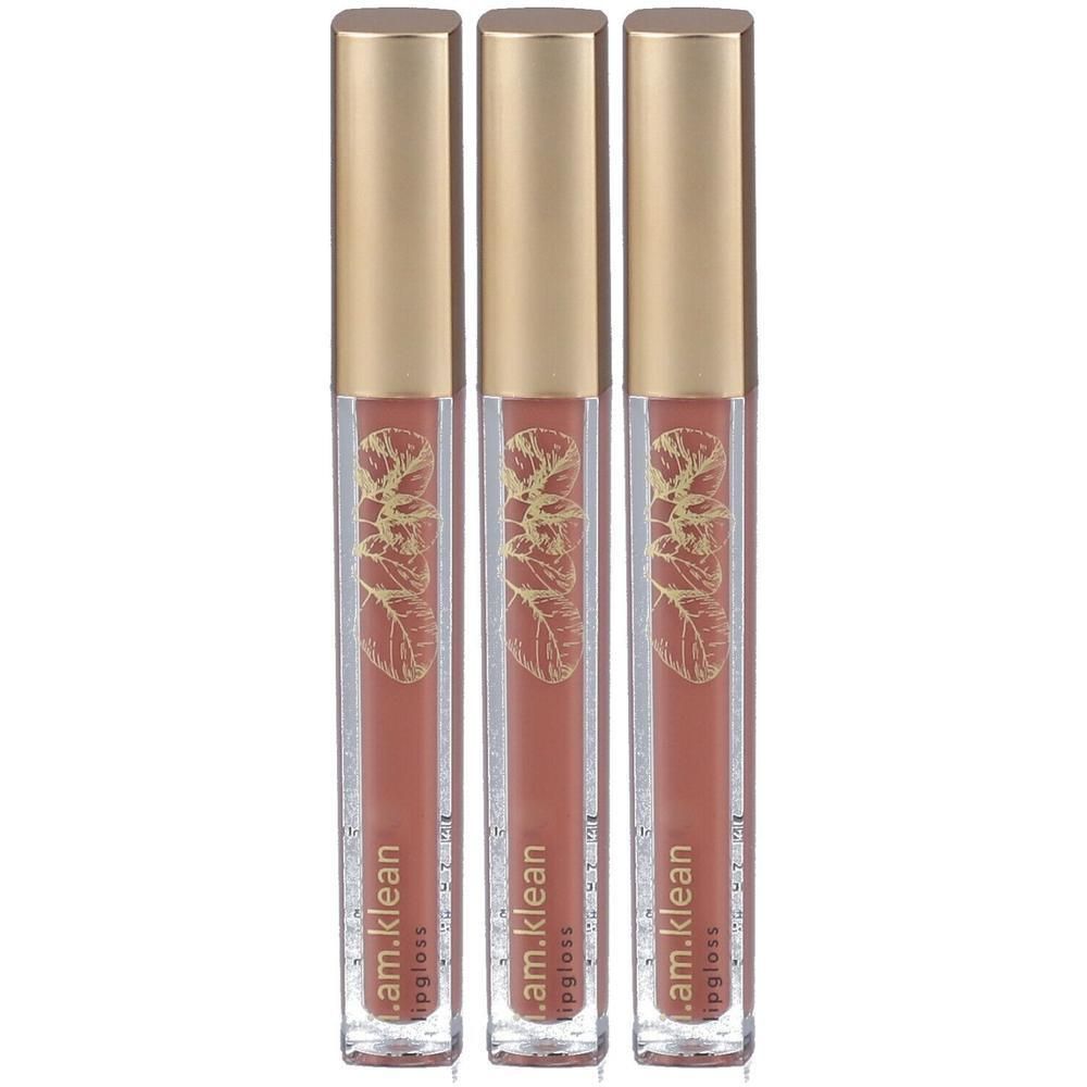 Drie flacons i.am.klean Lipgloss Salty Caramel met gouden doppen en bladdesign.