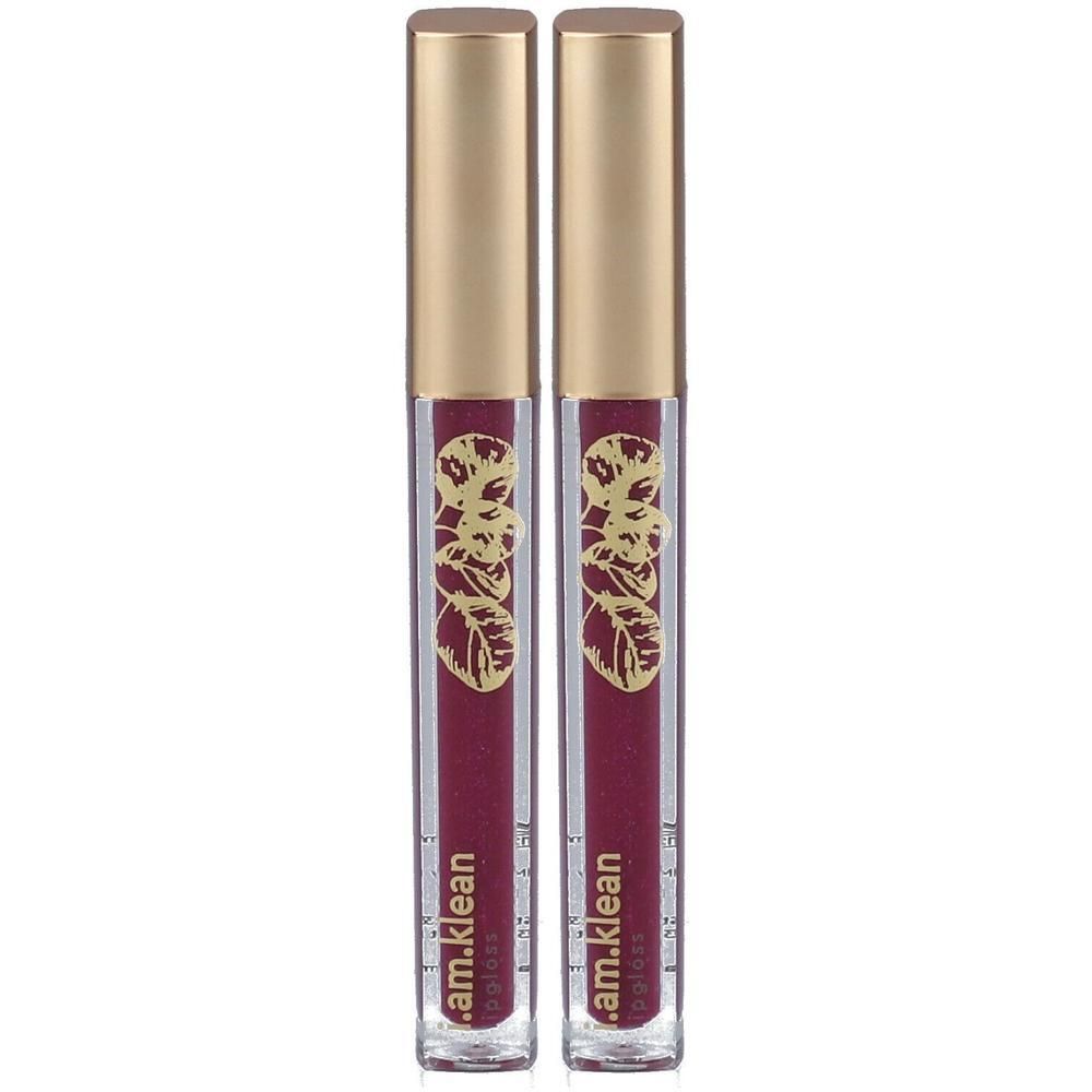 Twee flacons i.am.klean lipgloss in bessenkleur met gouden doppen en bladmotief.
