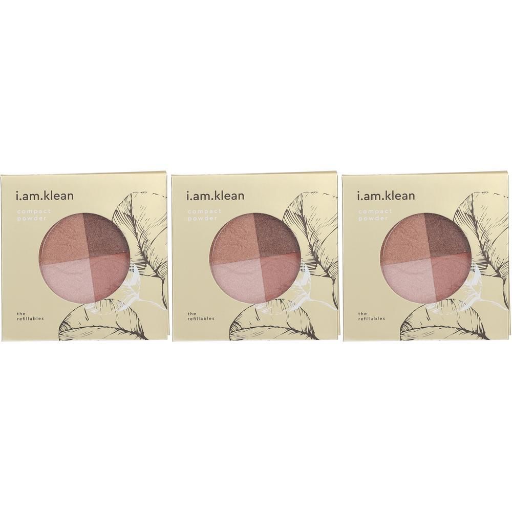 Trois poudres compactes i.am.klean pour les paupières, quatre teintes roses et brunes.