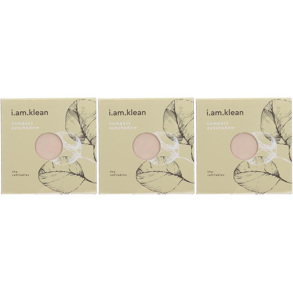 Drie i.am.klean Compact Mineral Eyeshadow Quartz, elk in een verpakking met bladerenmotief.