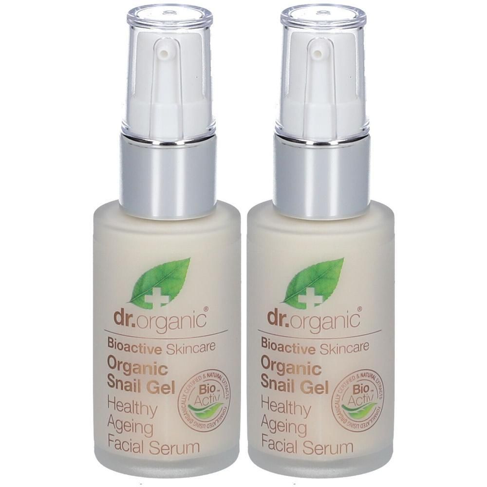 Deux flacons dr. organic Organic Snail Gel Facial Serum.