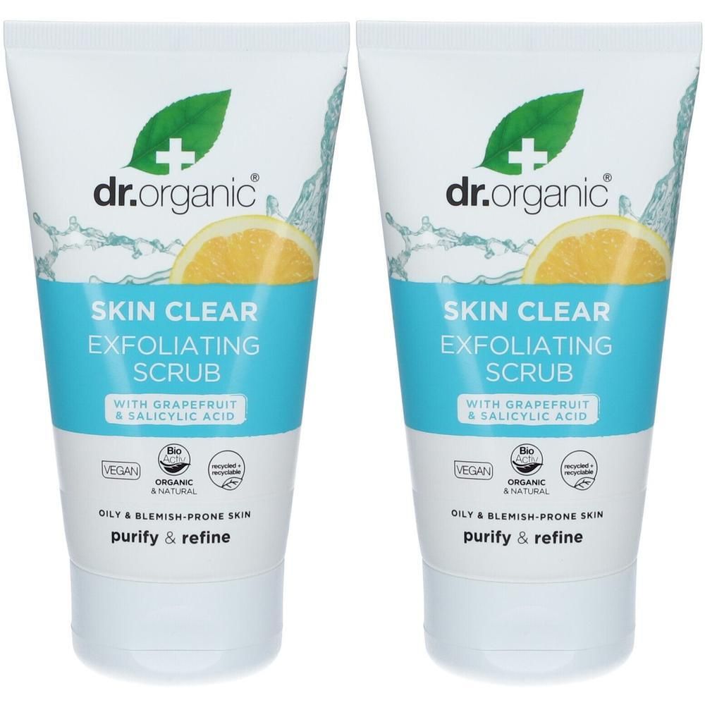 Twee tubes Dr. Organic Skin Clear Exfoliating Scrub met grapefruit en salicylzuur.
