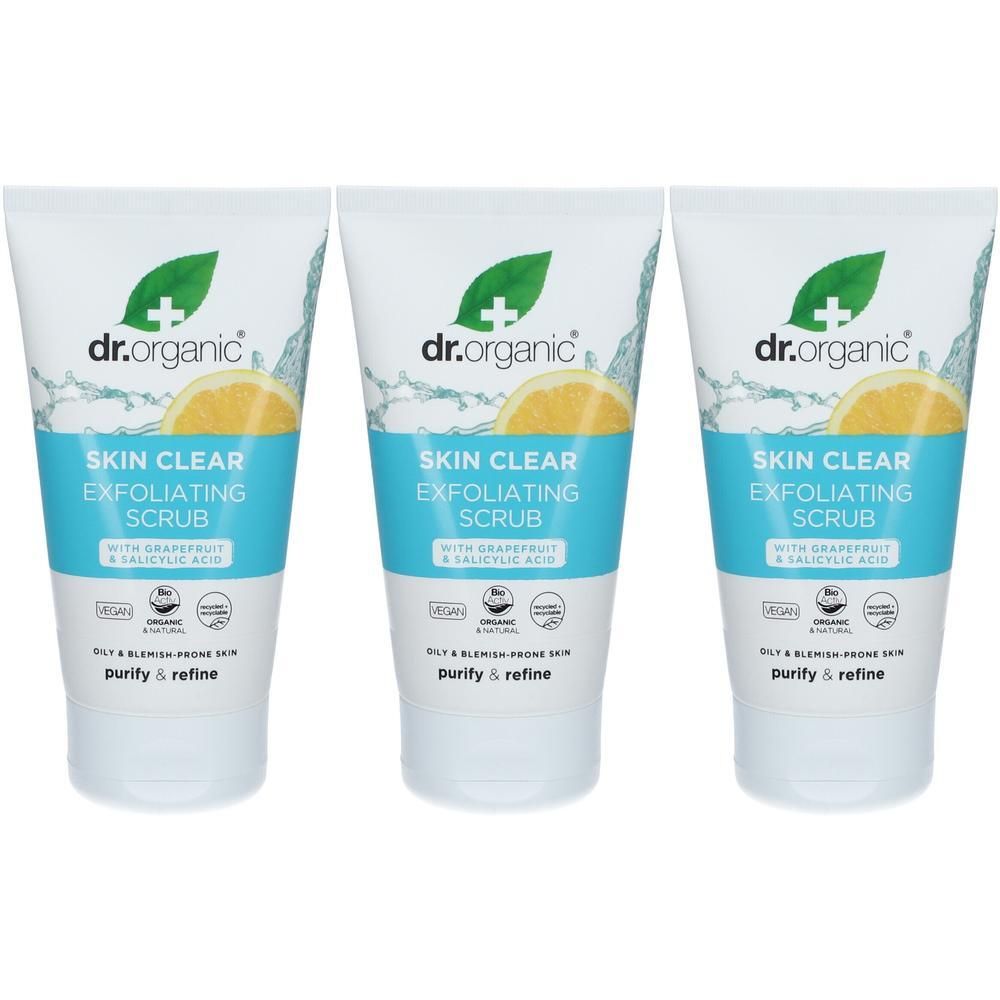 Drie tubes Dr. Organic Skin Clear Exfoliating Scrub met grapefruit en salicylzuur.