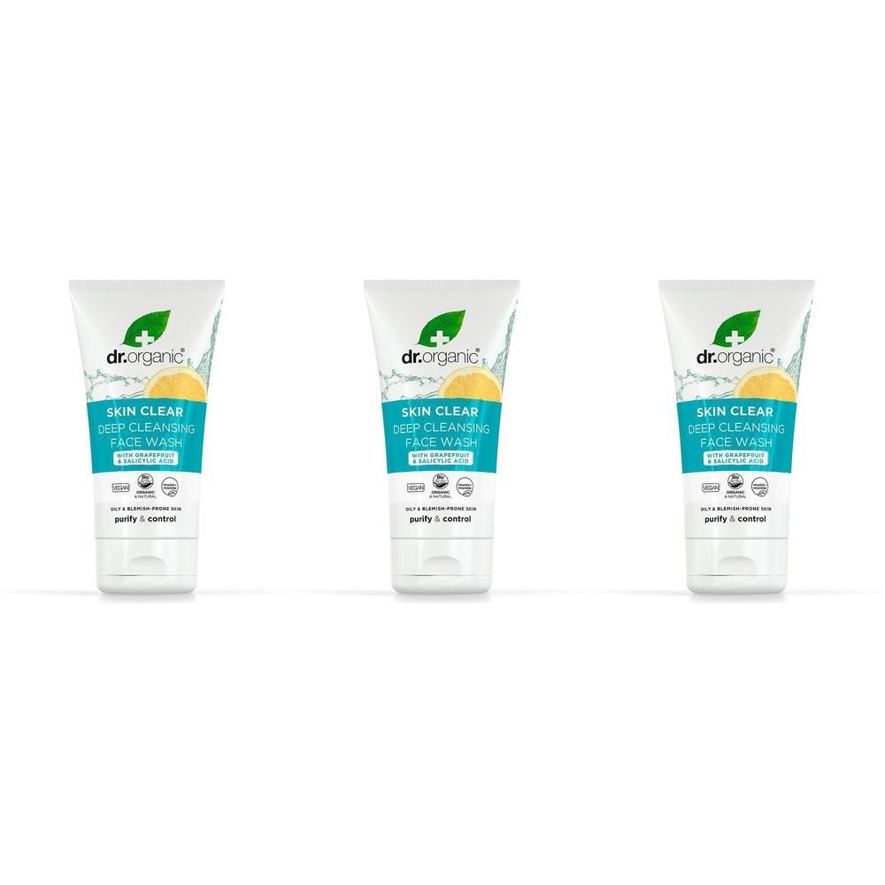 Drie tubes Dr. Organic Skin Clear Deep Cleansing Face Wash met citroen.