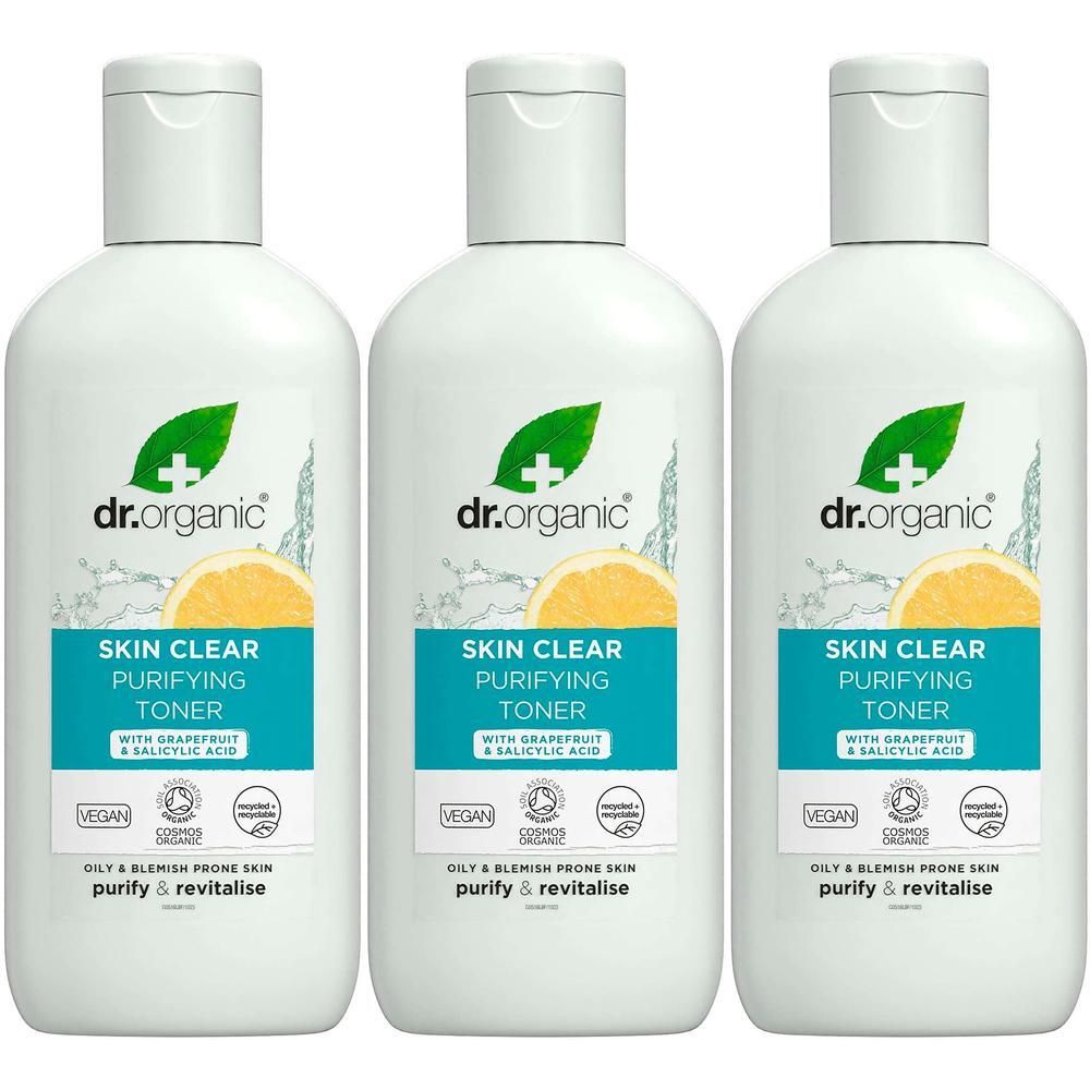 Drie flessen dr.organic Skin Clear Purifying Toner met citroenschijf-afbeelding.