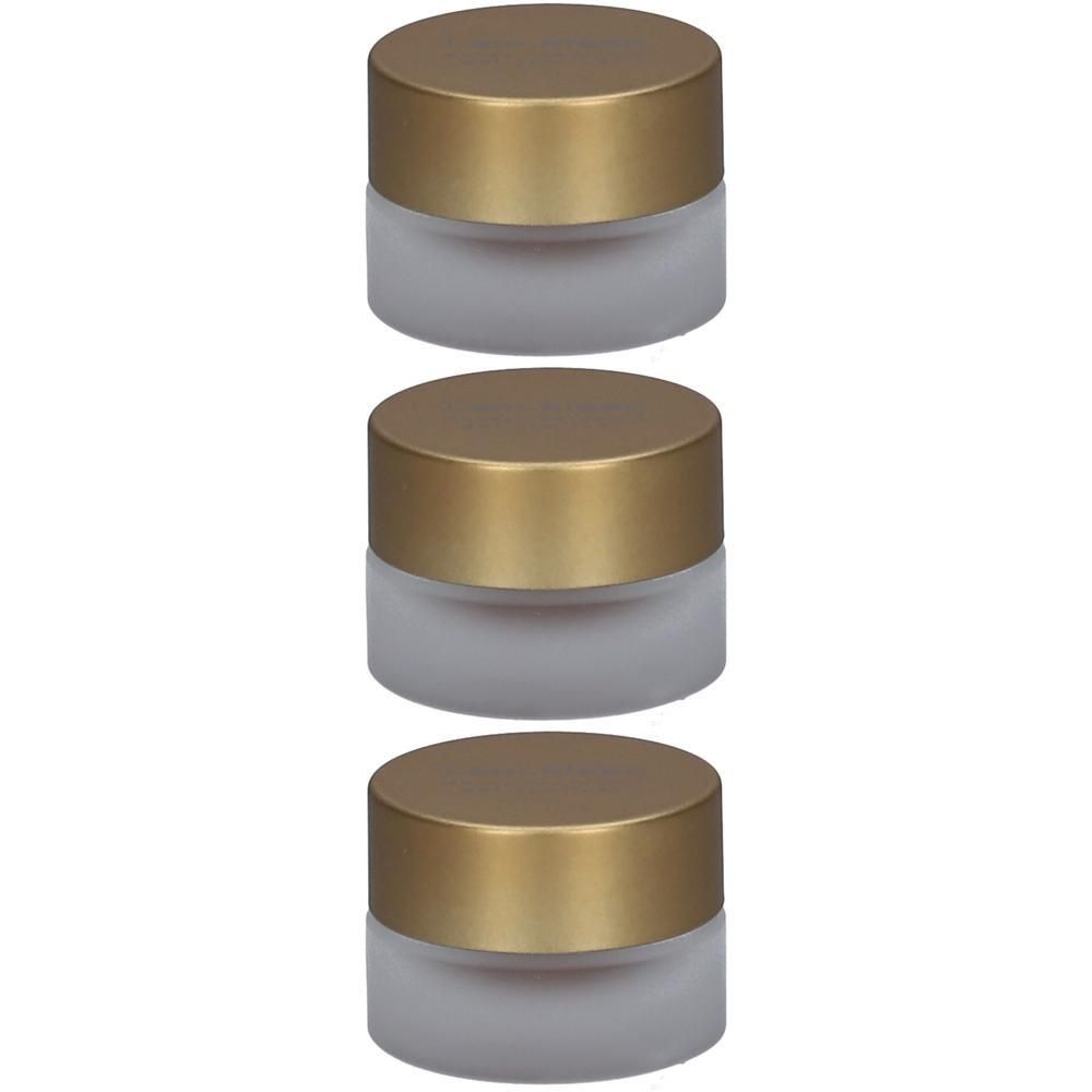 Trois petits pots en verre dépoli avec couvercles dorés.