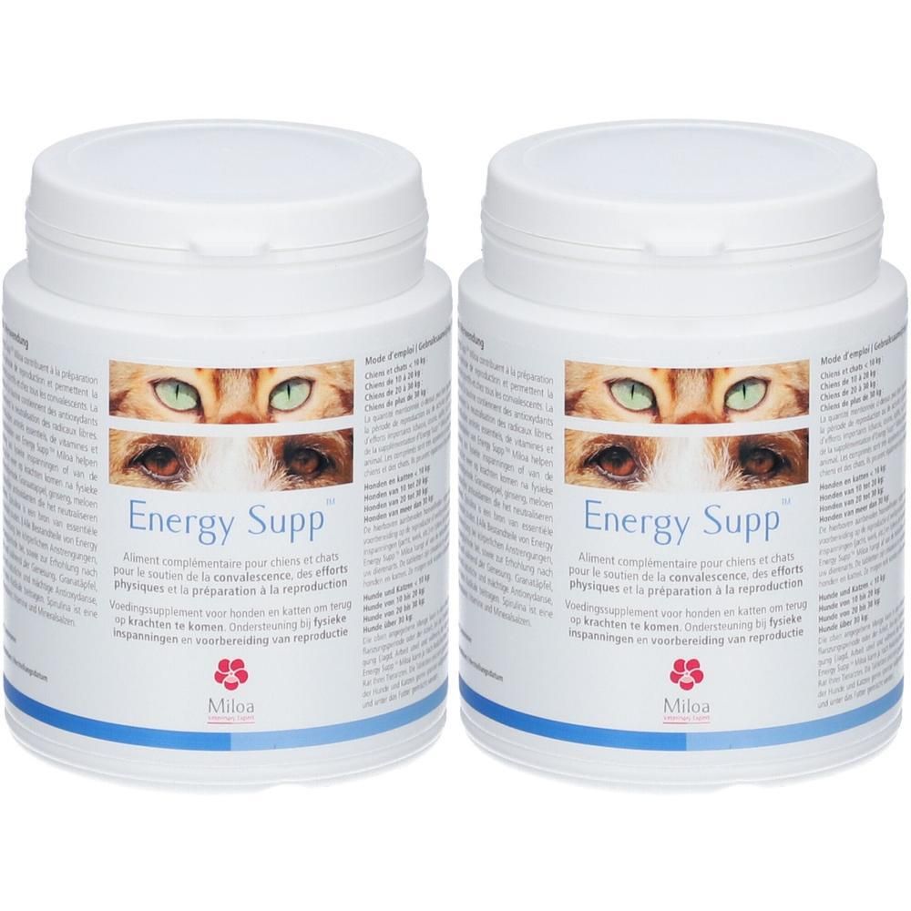 Deux pots Miloa Energy Supp avec un motif d'yeux de chat.