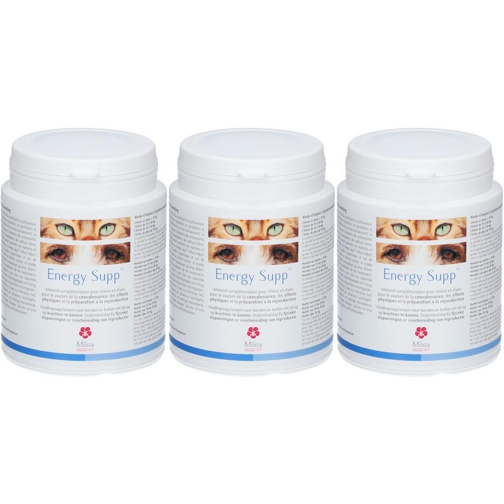 Drie potjes van het supplement "Energy Supp" met kattenogen-afbeelding.