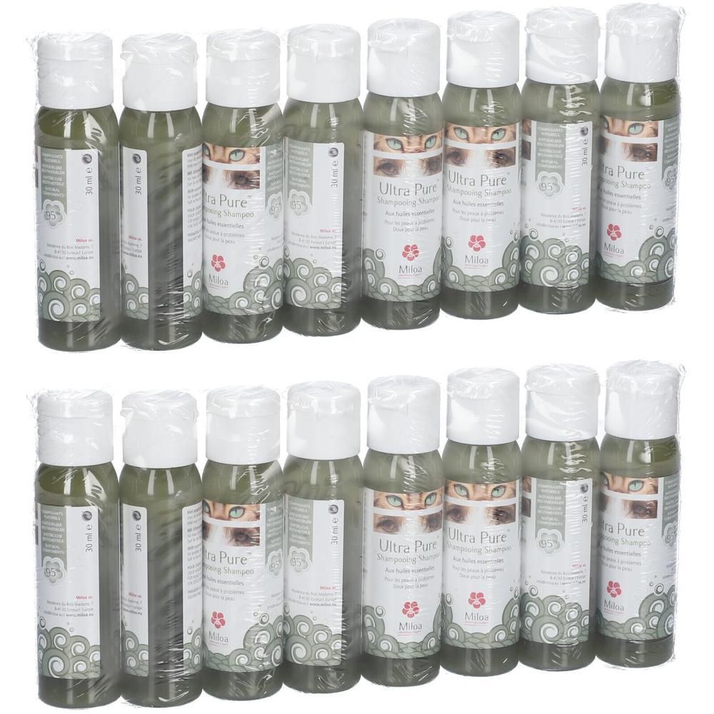 Twee rijen Miloa Ultra Pure zuiverende shampoos voor honden en katten in kleine flesjes.