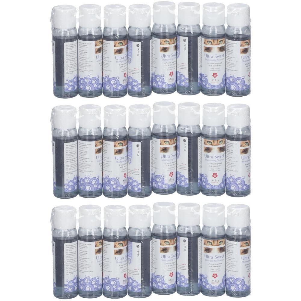 18 kleine flesjes Miloa Ultra Sweet™ op witte achtergrond.