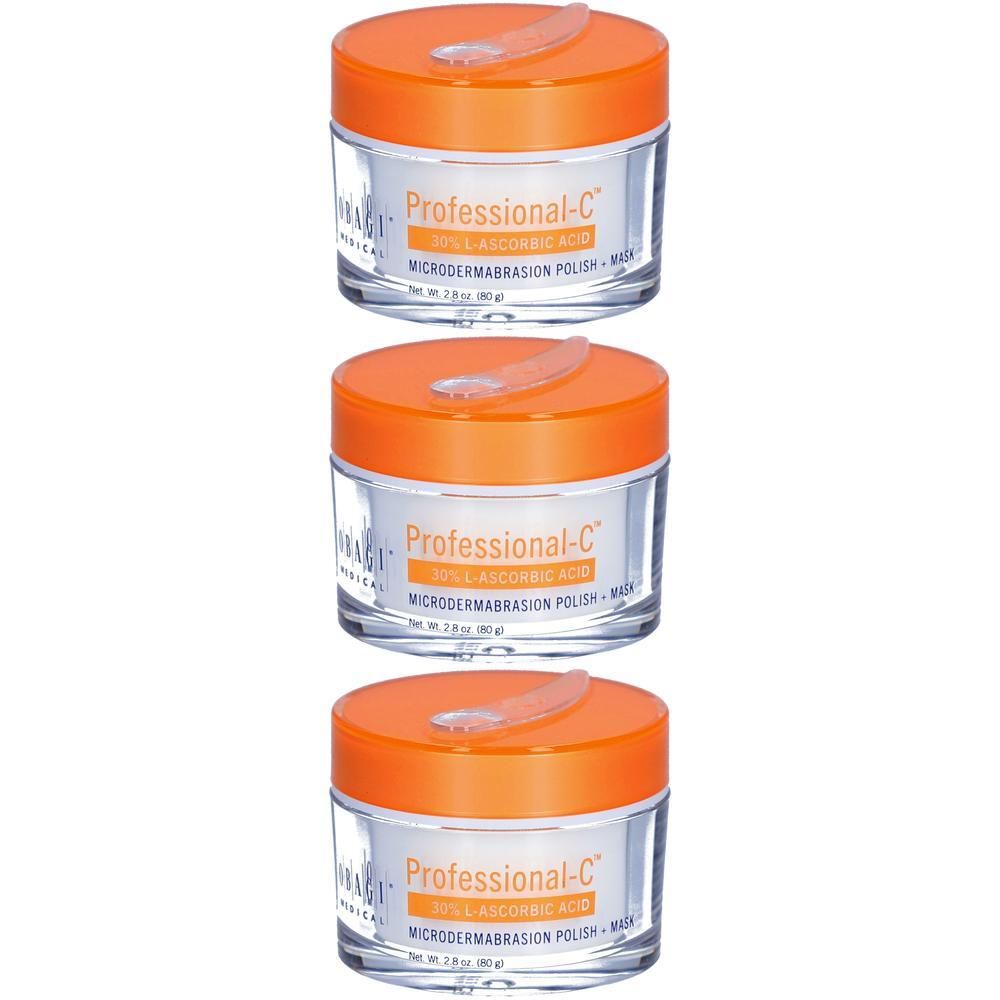 Trois pots de Professional-C® Microdermabrasion Polish + Mask avec couvercles orange.