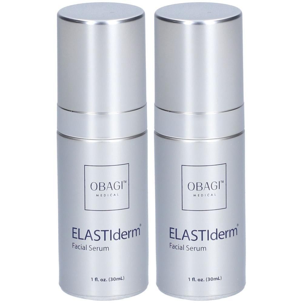 Deux flacons argentés de sérum facial ELASTIderm par Obagi Medical.