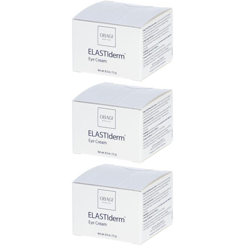Trois boîtes de crème contour des yeux Obagi ELASTIderm, blanches avec inscription noire.