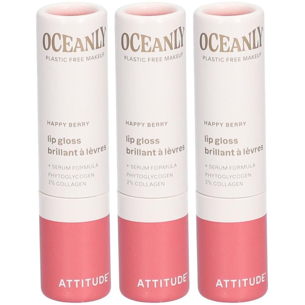 Drie Attitude Oceanly lippenstiften in Happy Berry. Plasticvrije make-up.