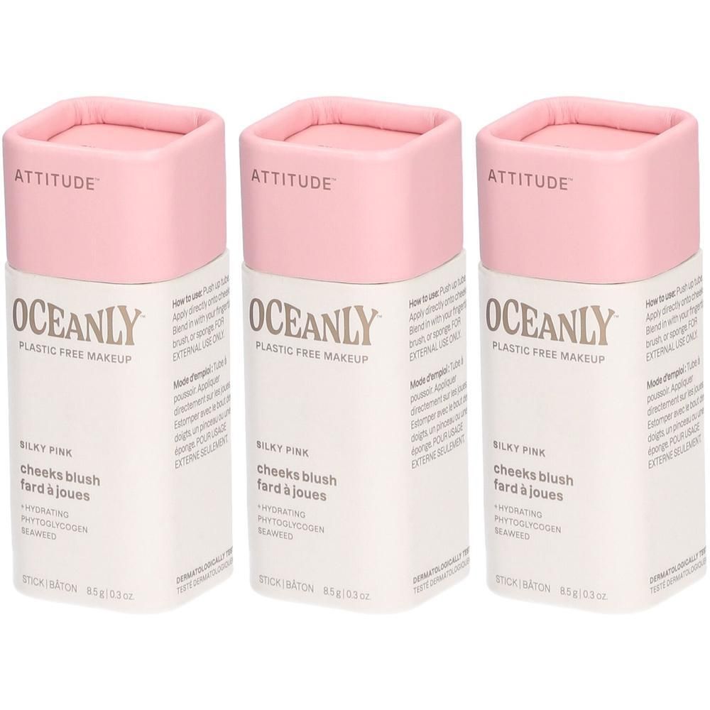 Trois sticks de blush Attitude Oceanly Silky Pink dans un emballage rose.