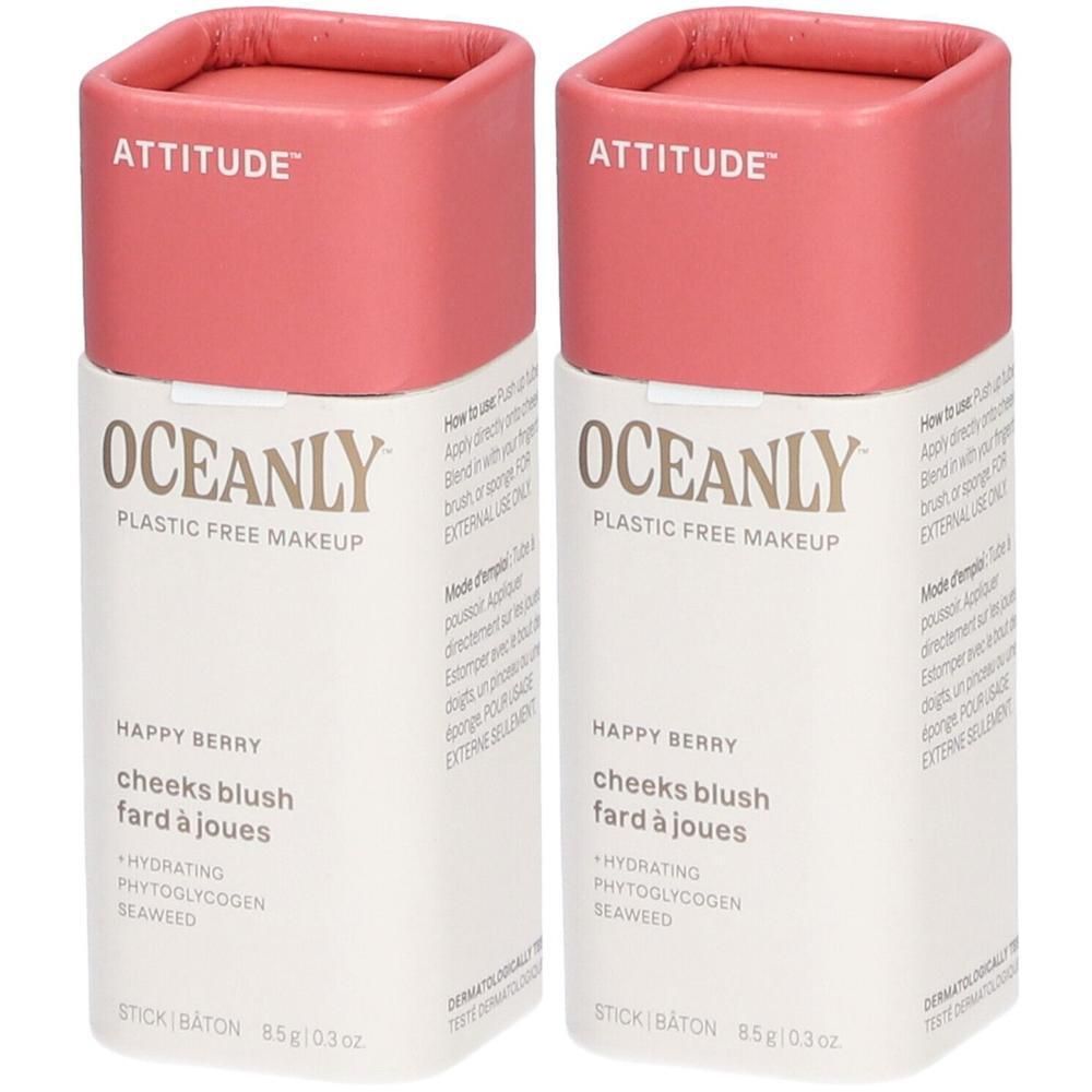 Deux bâtons de fard à joues Attitude Oceanly Happy Berry. Maquillage sans plastique.