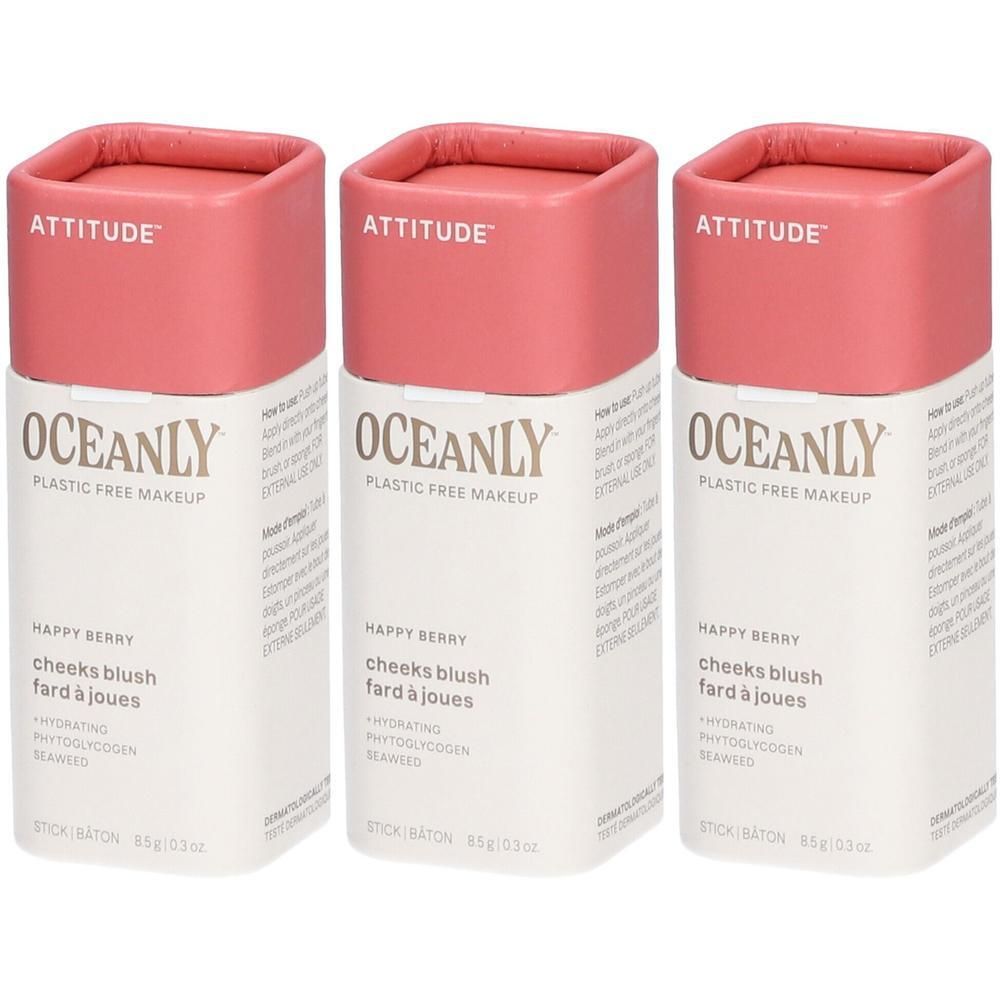 Trois sticks de blush Attitude Oceanly Happy Berry dans un emballage blanc avec un capuchon rose.